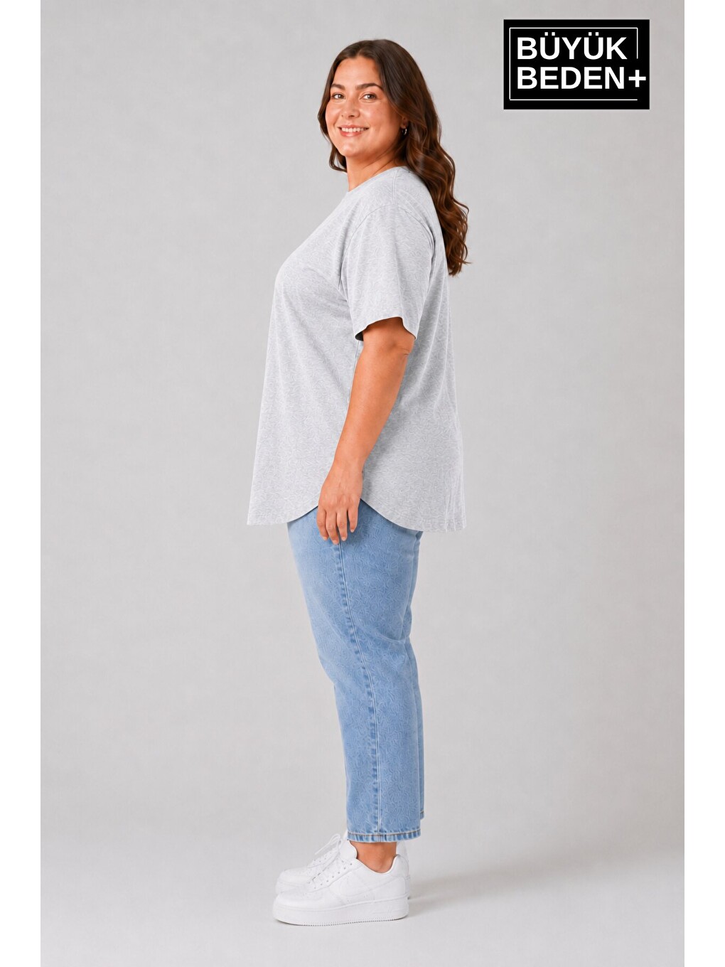 Gri Büyük Beden Kadın Bisiklet Yaka Basic Oval Etek Detalylı 3xl-6xl Uzun Tunik Spr26btsk502-1