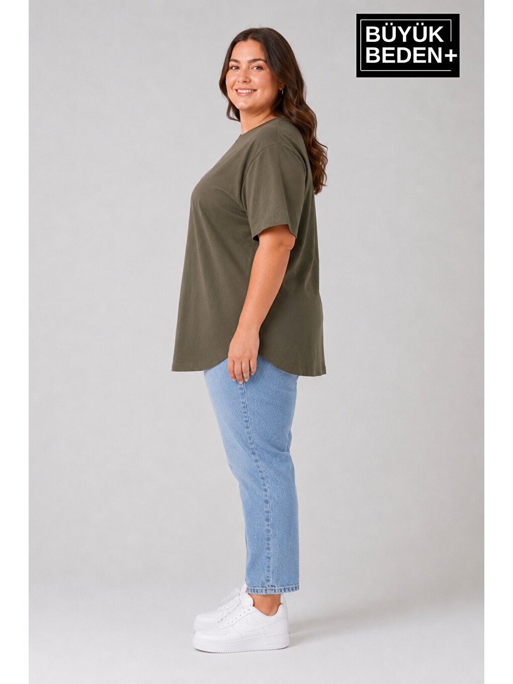 Haki Büyük Beden Kadın Bisiklet Yaka Basic Oval Etek Detalylı 3xl-6xl Uzun Tunik Spr26btsk502-1