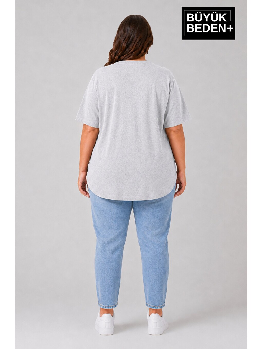 Gri Büyük Beden Kadın Bisiklet Yaka Basic Oval Etek Detalylı 3xl-6xl Uzun Tunik Spr26btsk502-2