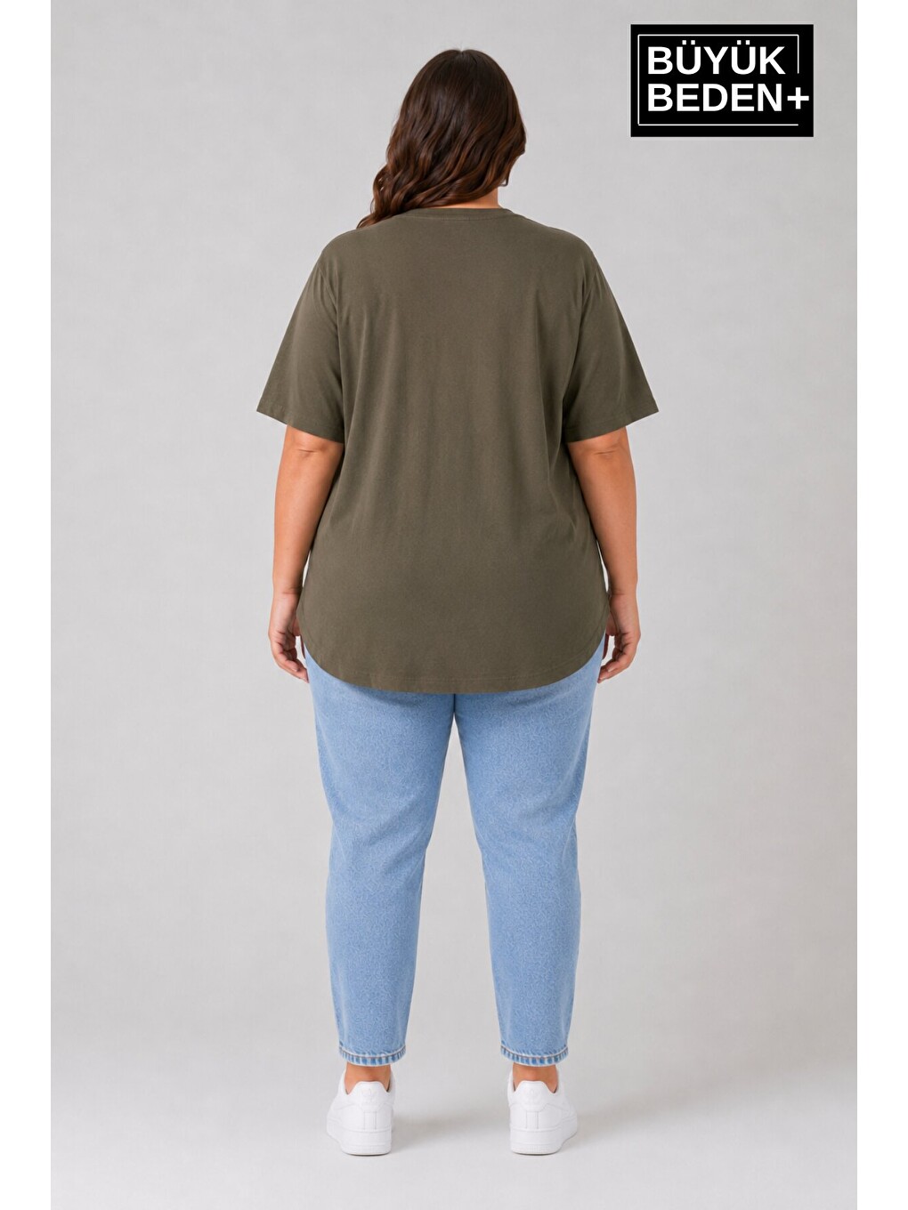 Haki Büyük Beden Kadın Bisiklet Yaka Basic Oval Etek Detalylı 3xl-6xl Uzun Tunik Spr26btsk502-2