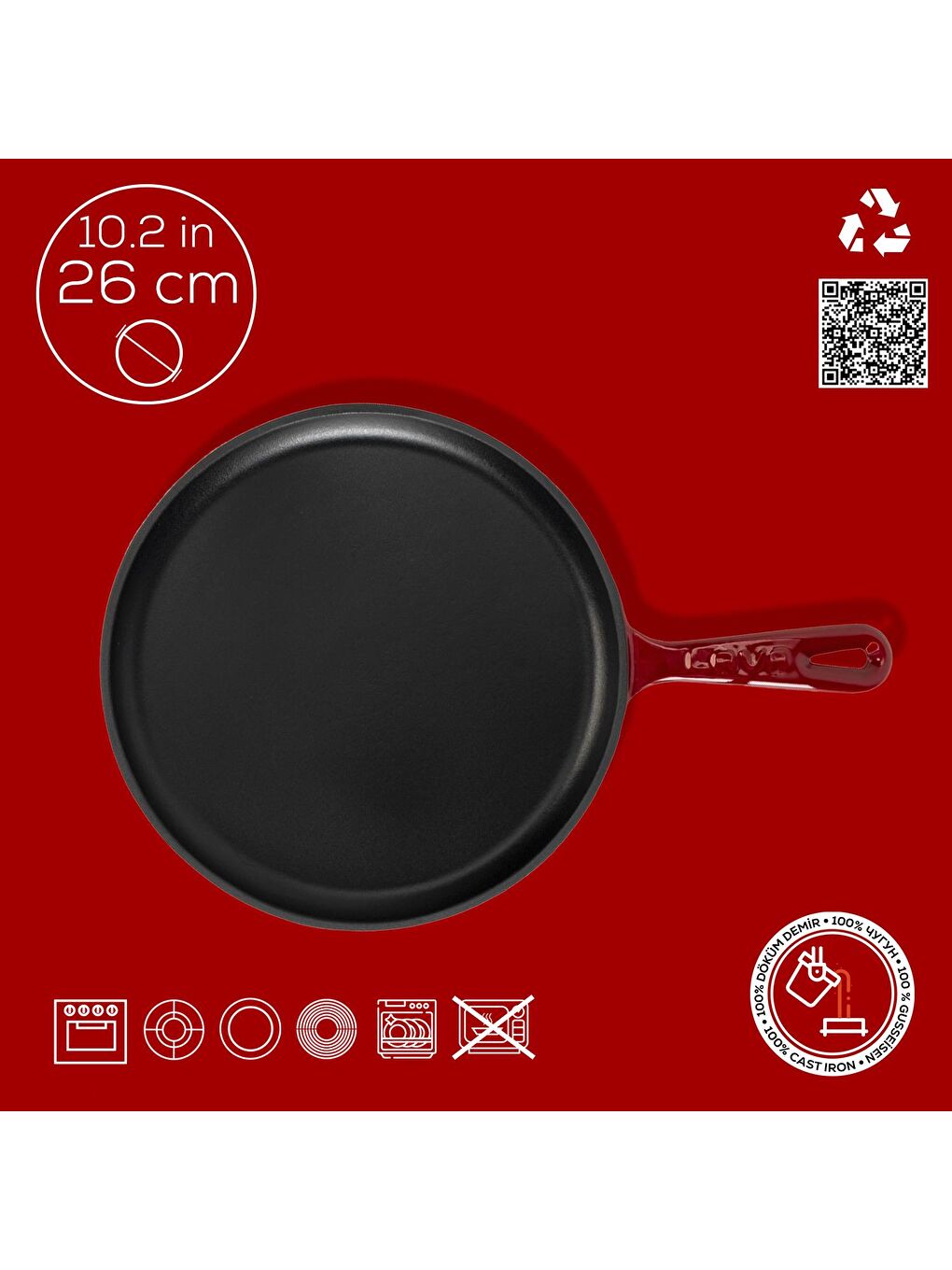 Bordo Yuvarlak Pizza Krep Pankek Tavası Döküm Demir Yekpare Saplı Çap(Ø)26cm.-3