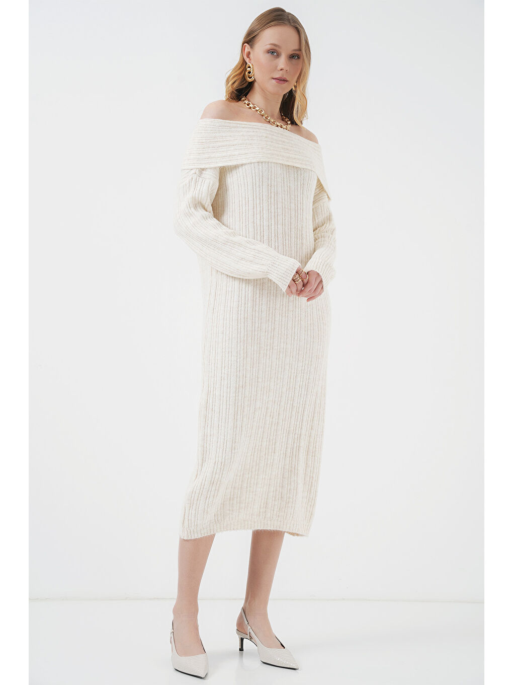 15920 Madonna Yaka Oversize Triko Elbise - Ekru-1