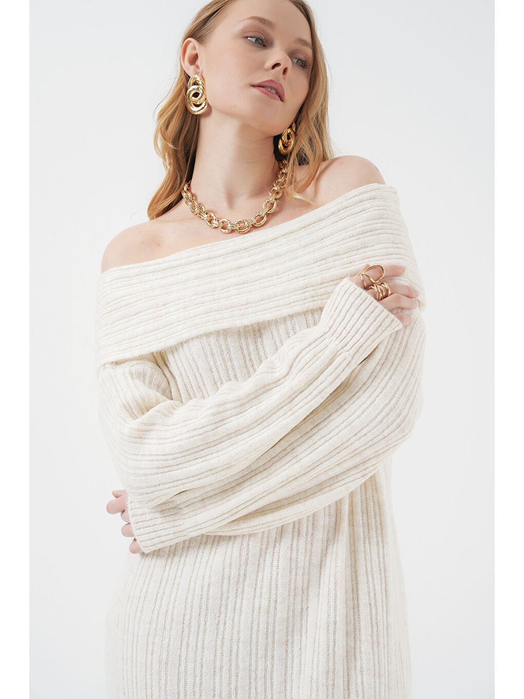 15920 Madonna Yaka Oversize Triko Elbise - Ekru-2