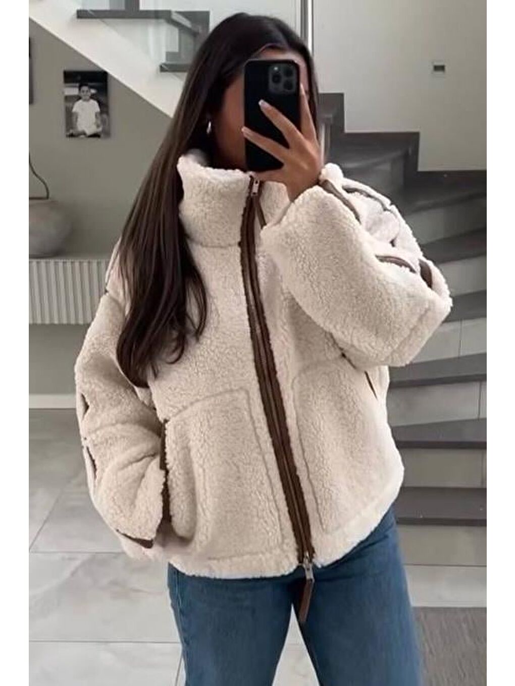 Bej Şerit Detaylı Dik Yaka Kadın Pelüş Mont Mg2260-2