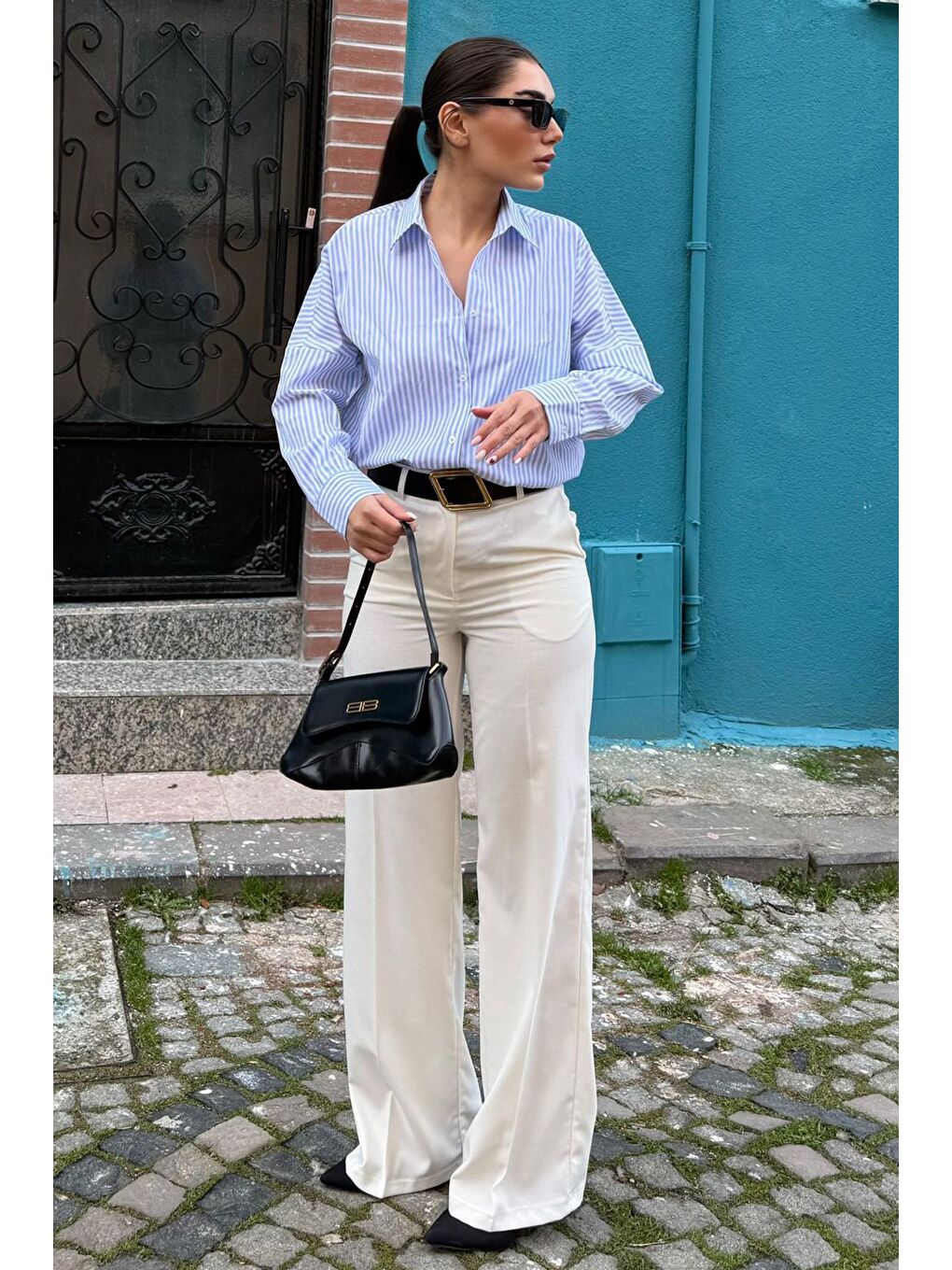 Beyaz Yüksek Bel Kumaş Pantolon Mg2285-2