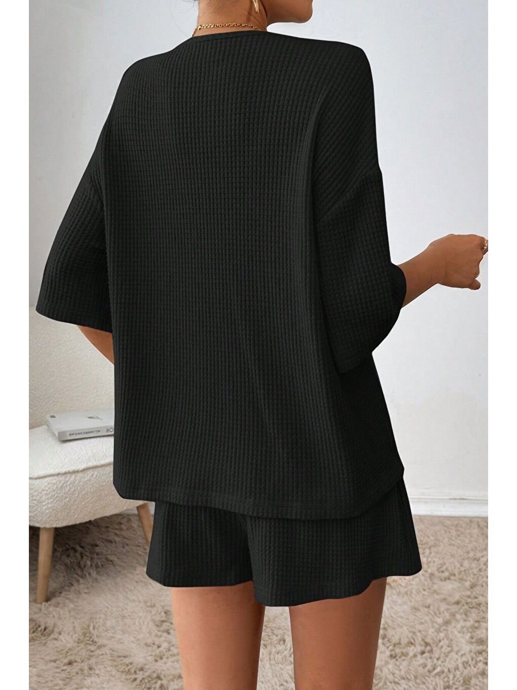 Kadın Siyah Kısa Kollu Bağlamalı Waffle Alt-Üst Şort Takım-1