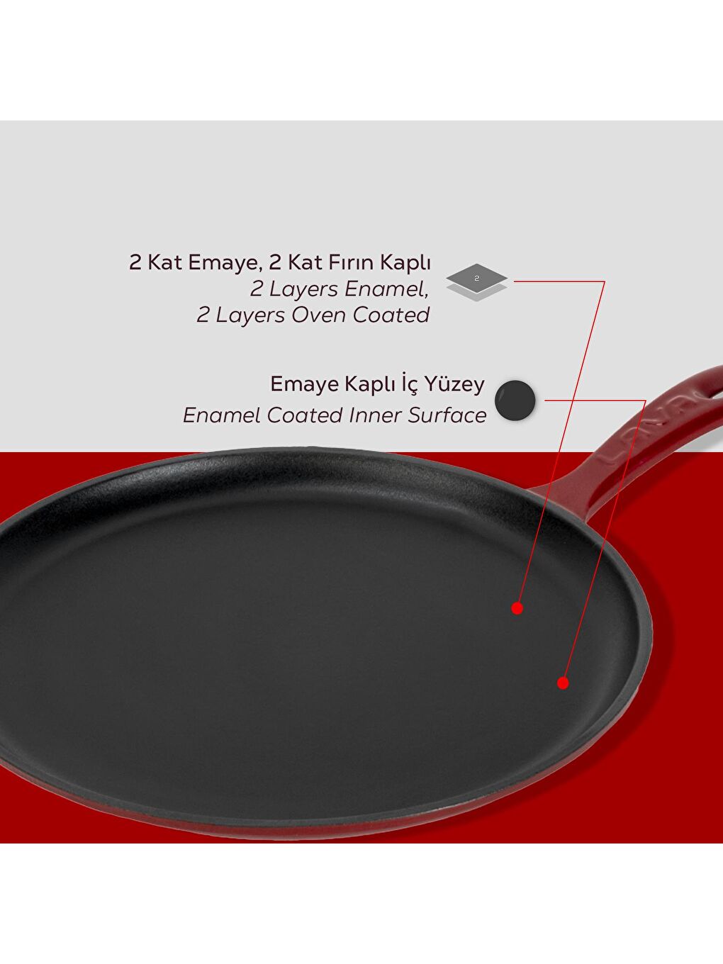 Bordo Yuvarlak Pizza Krep Pankek Tavası Döküm Demir Yekpare Saplı Çap(Ø)26cm.-5