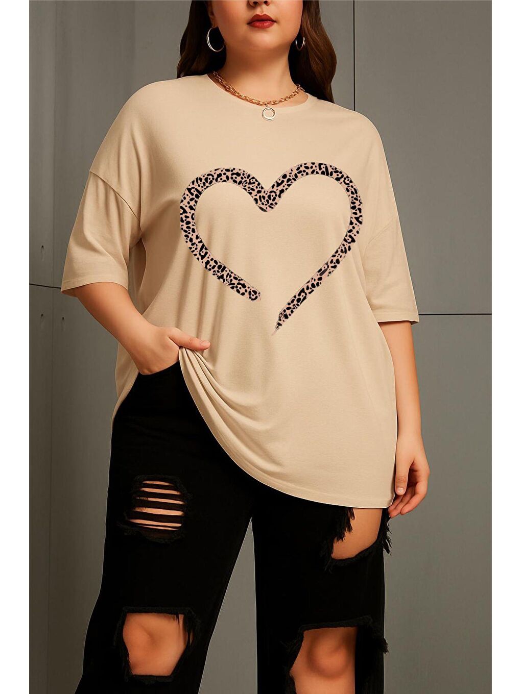 Bej Love Kadın Büyük Beden Battal Baskılı Bisiklet Yaka Pamuklu T-Shirt Rahat Kesim Unisex Sevgili Kombi