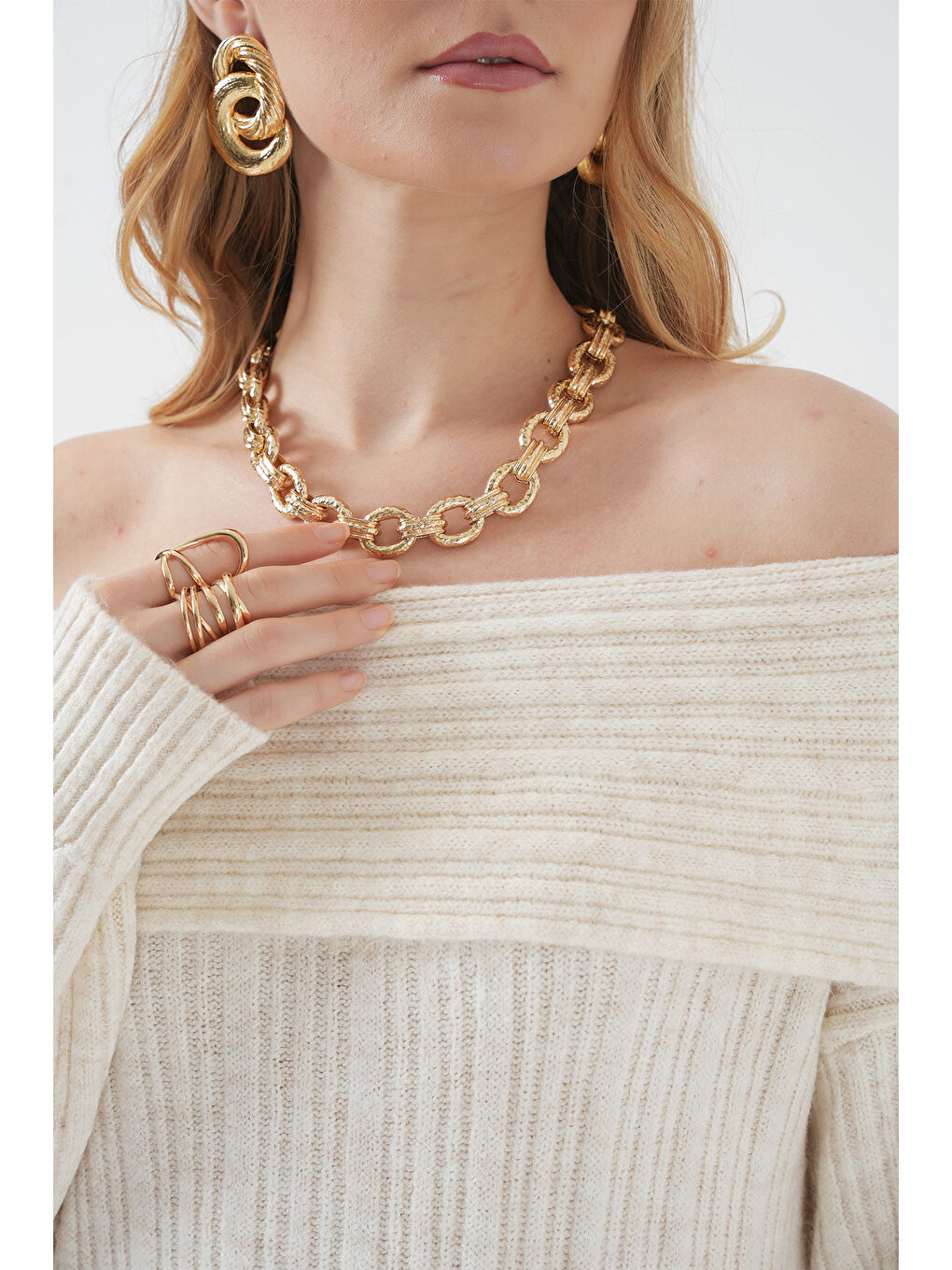 15920 Madonna Yaka Oversize Triko Elbise - Ekru-4