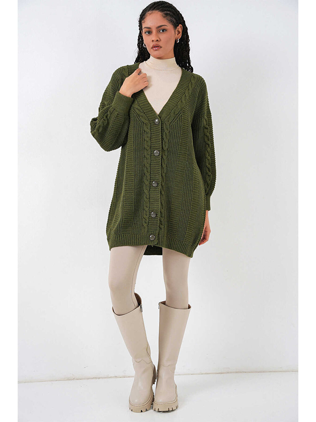 Haki Kadın Tesettür Triko Hırka 15768-1