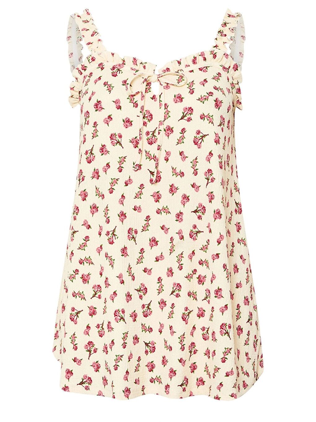 Ekru Büyük Beden Çiçek Desenli Bürümcük Kumaş Kare Yaka Kolsuz Bluz 322688-6