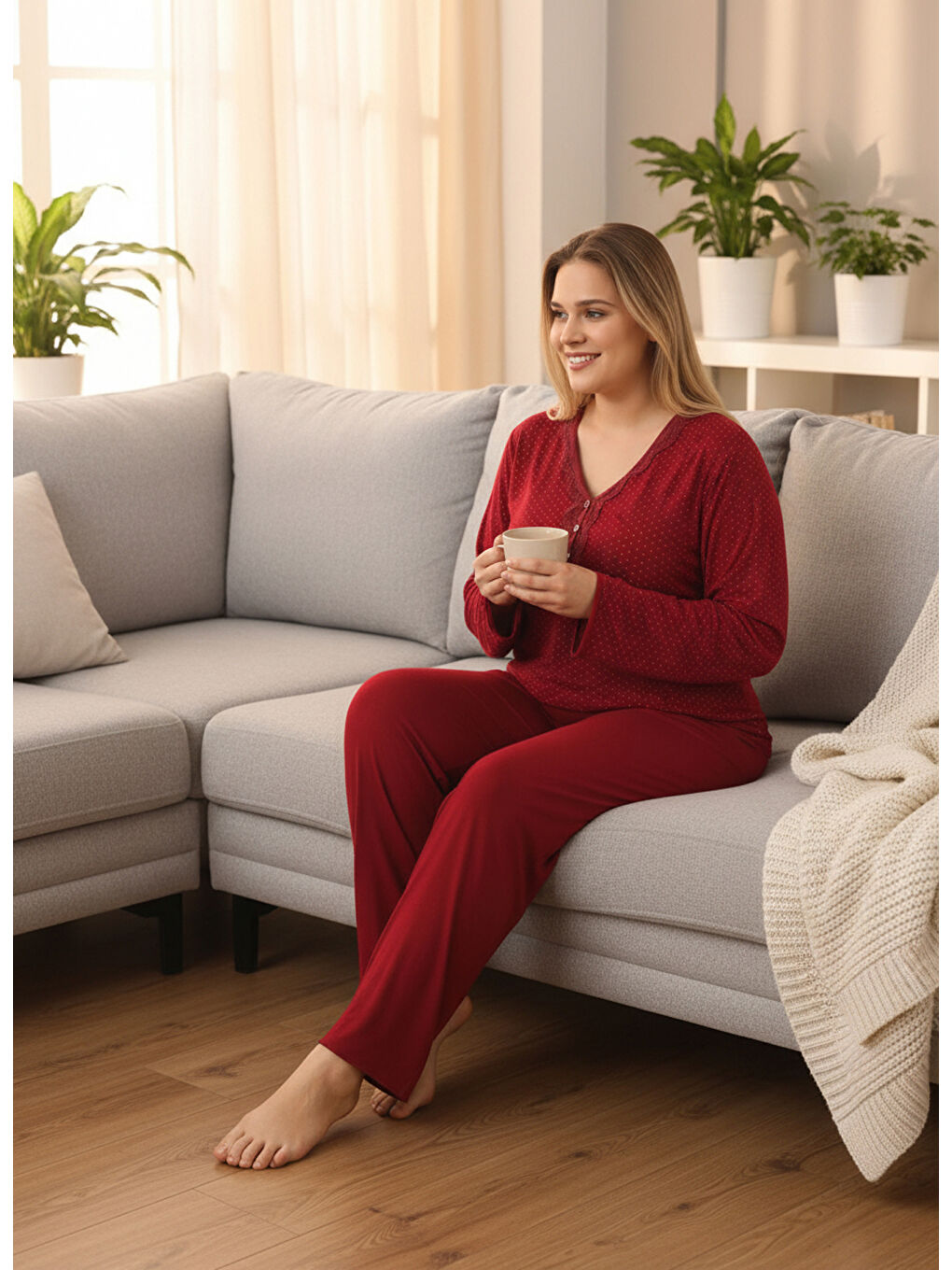 Bordo İnce Bambu Kumaş Uzun Kollu Büyük Beden Kadın Pijama Takımı 800-3