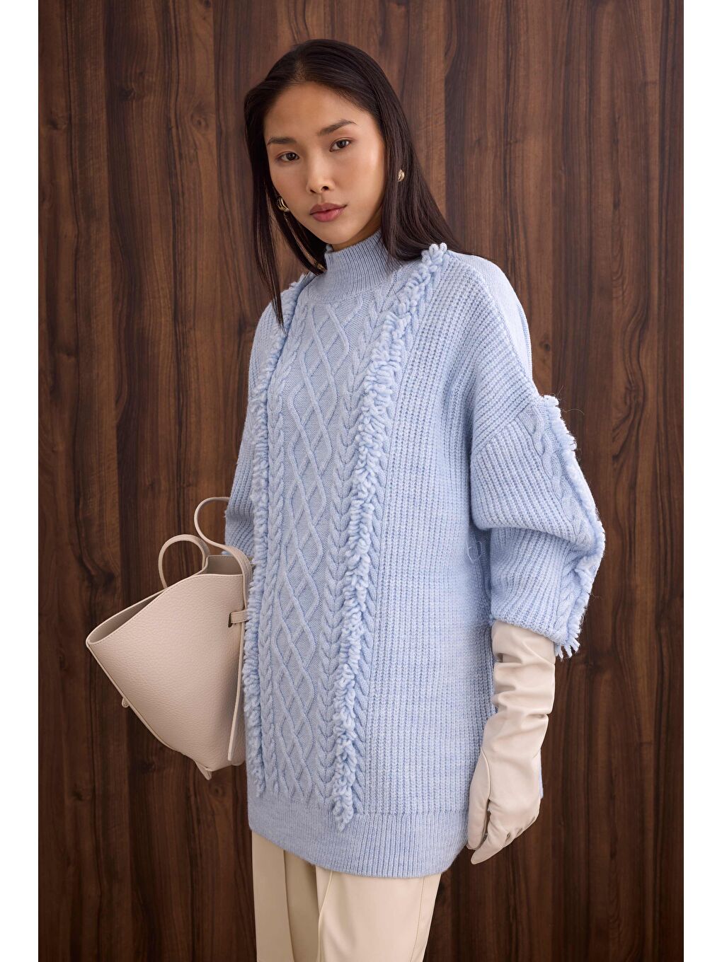 Püskül Detaylı Örme Kazak Buz Mavi-3