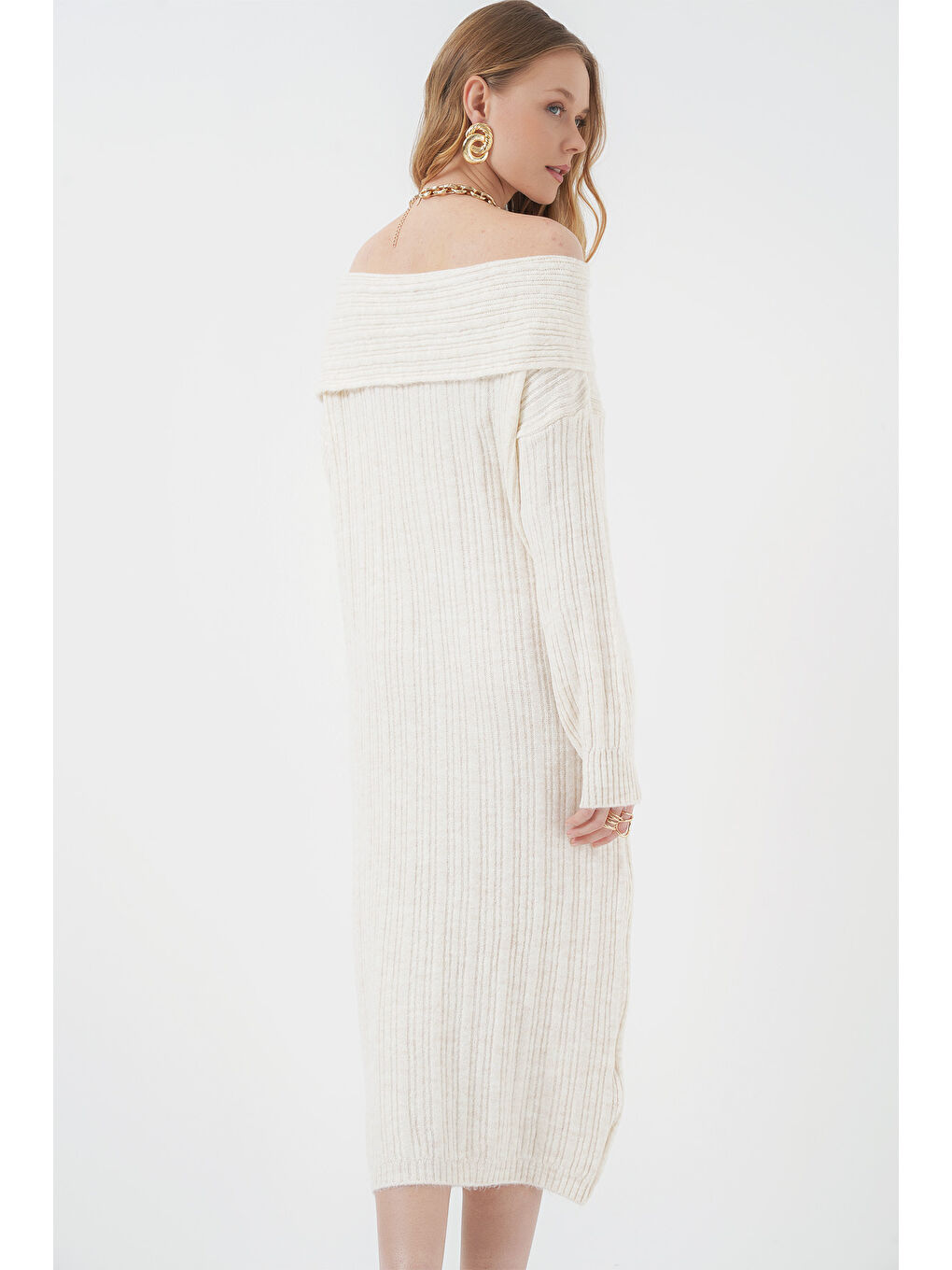 15920 Madonna Yaka Oversize Triko Elbise - Ekru-5
