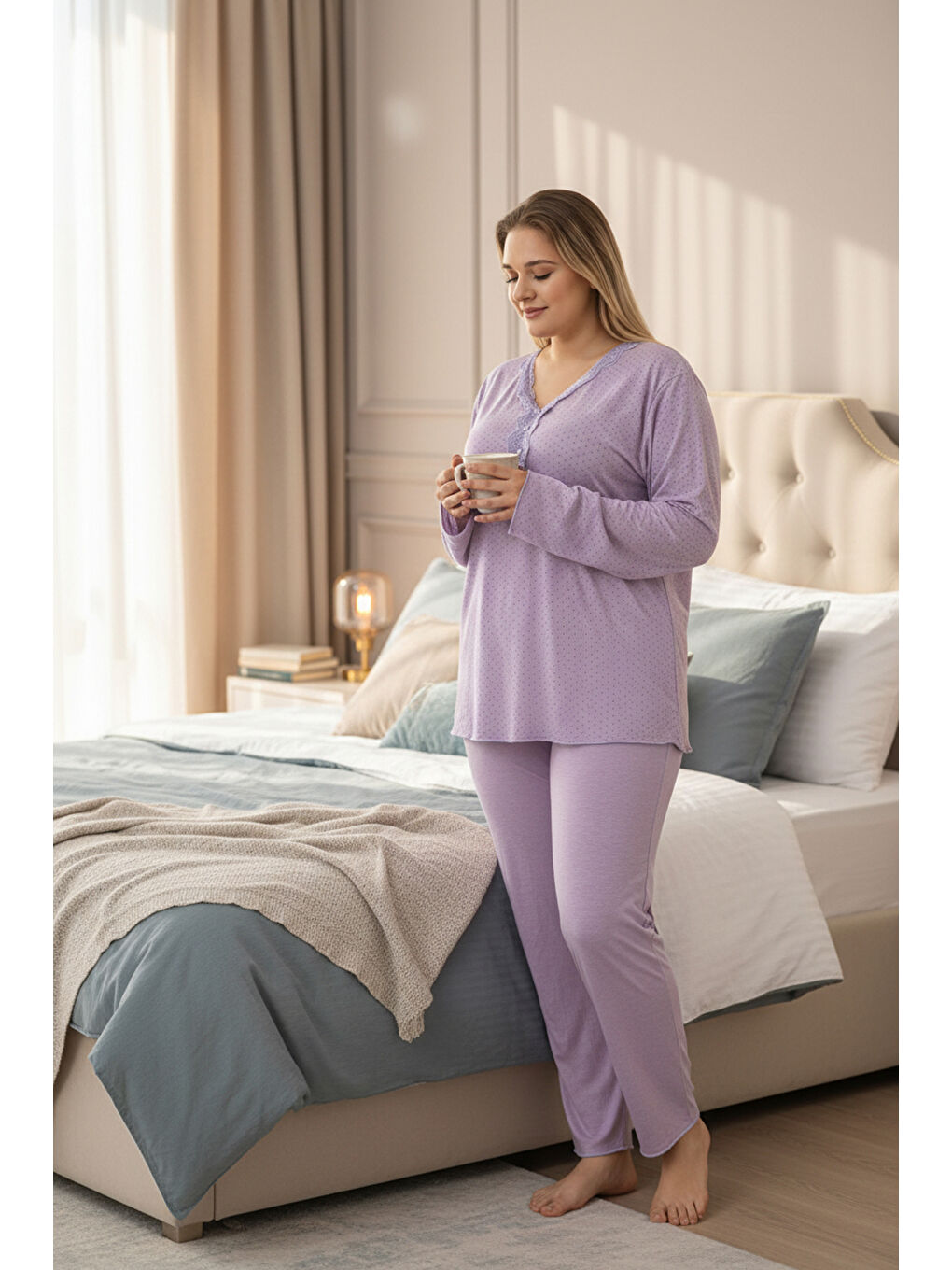 Lila İnce Bambu Kumaş Uzun Kollu Büyük Beden Kadın Pijama Takımı 800-1