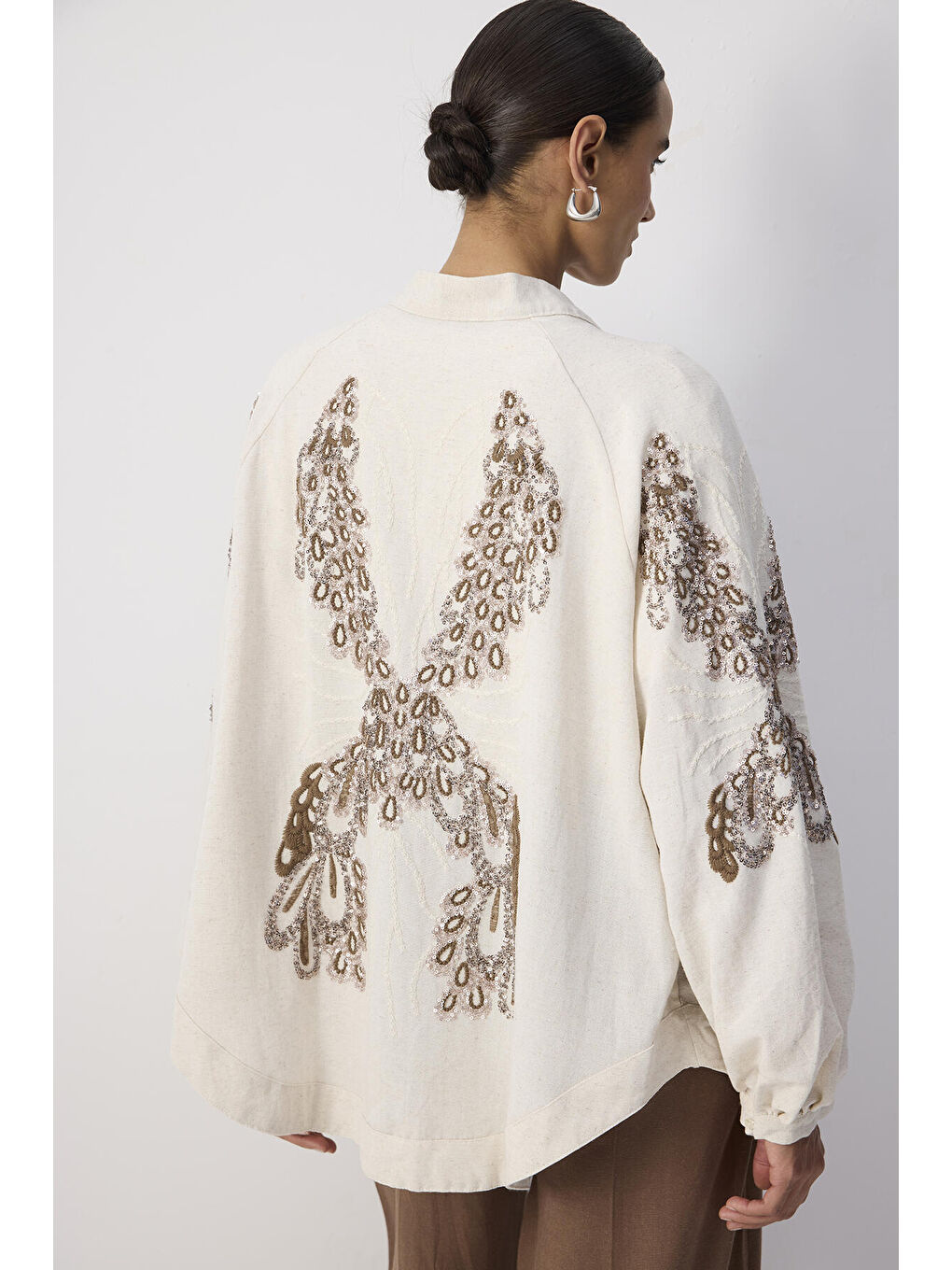 Bej Pul İşlemeli Oversıze Kimono