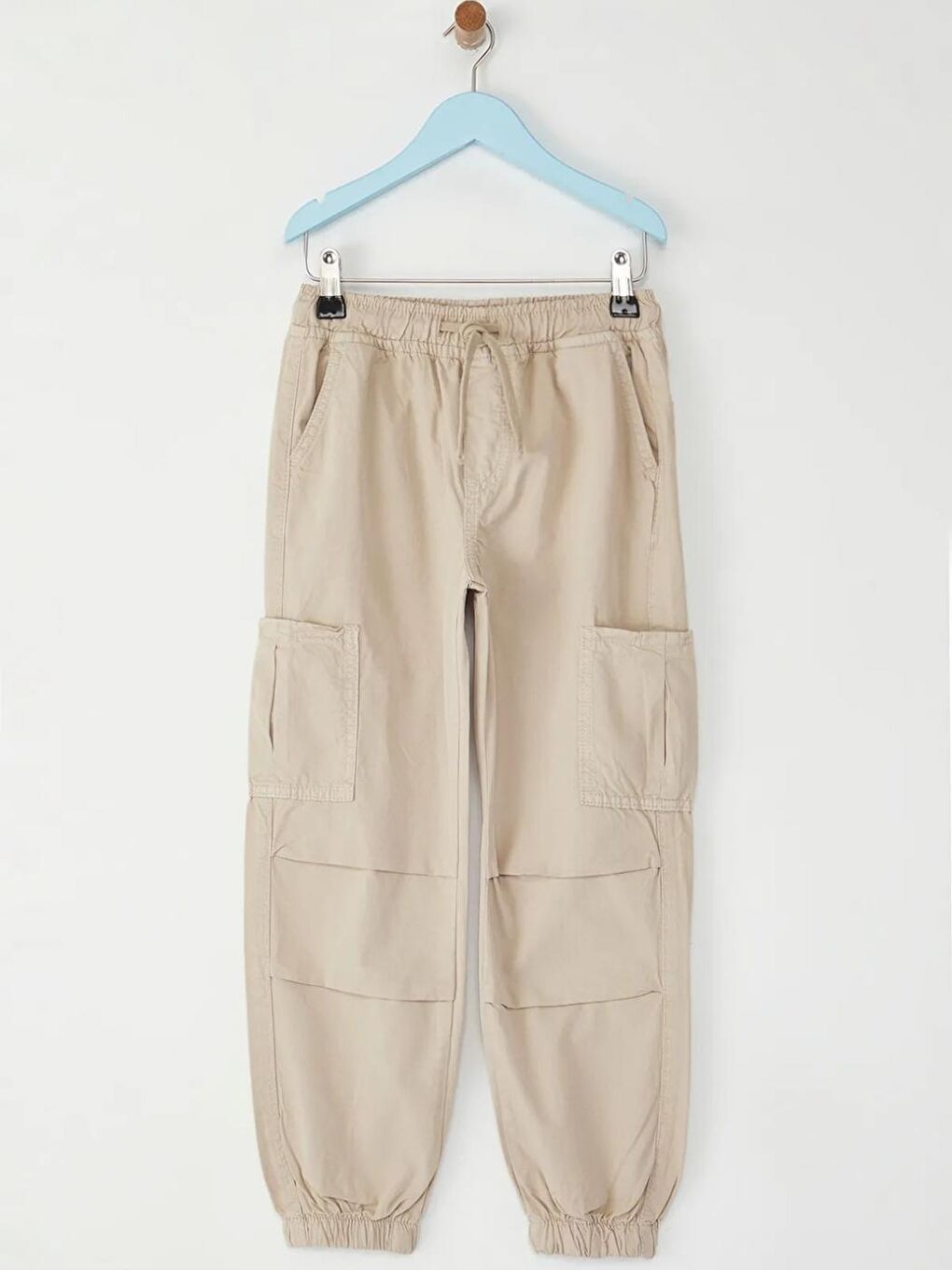 Bej Erkek Çocuk %100 Pamuk Cep Detaylı Lastikli Pantolon-3