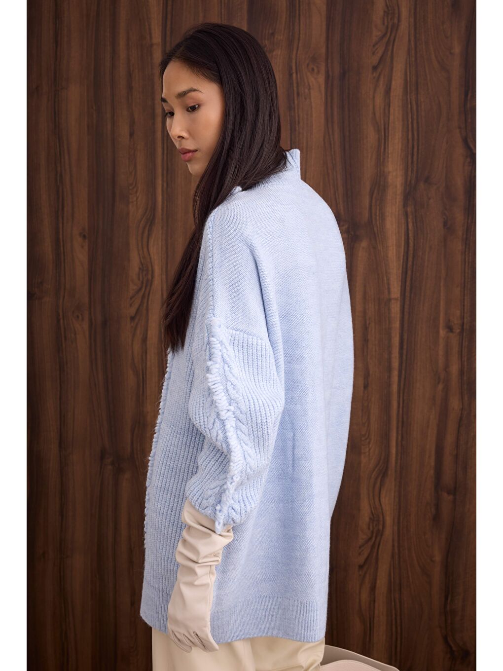 Püskül Detaylı Örme Kazak Buz Mavi-4