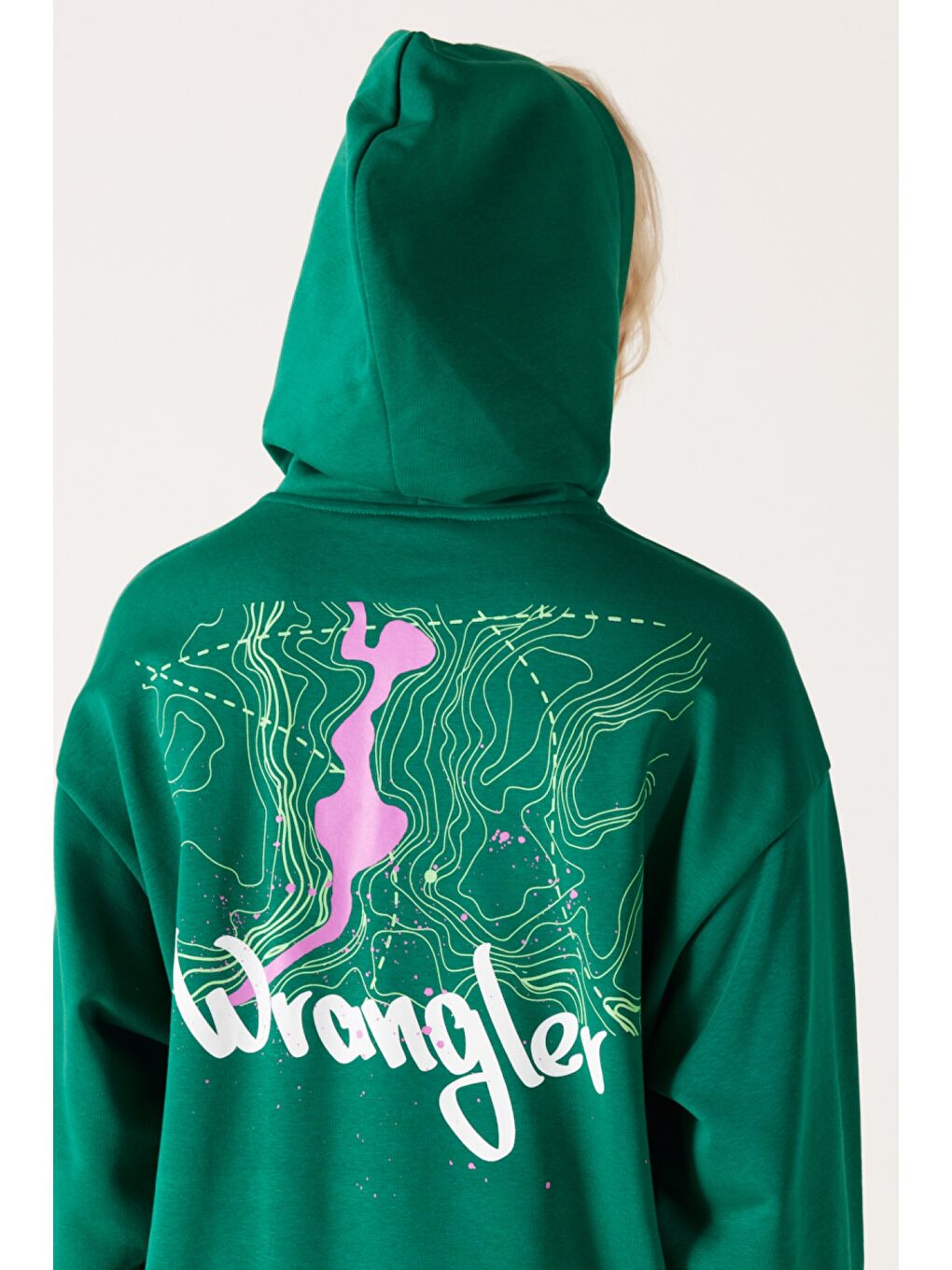 Haki Oversize Bol Kesim Kapüşonlu Sırt Baskılı Yeşil Sweatshirt-6