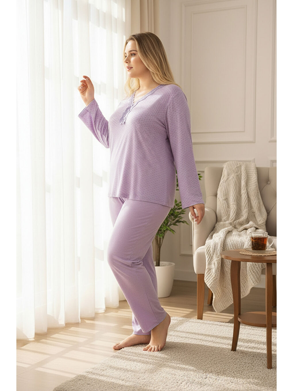 Lila İnce Bambu Kumaş Uzun Kollu Büyük Beden Kadın Pijama Takımı 800-3