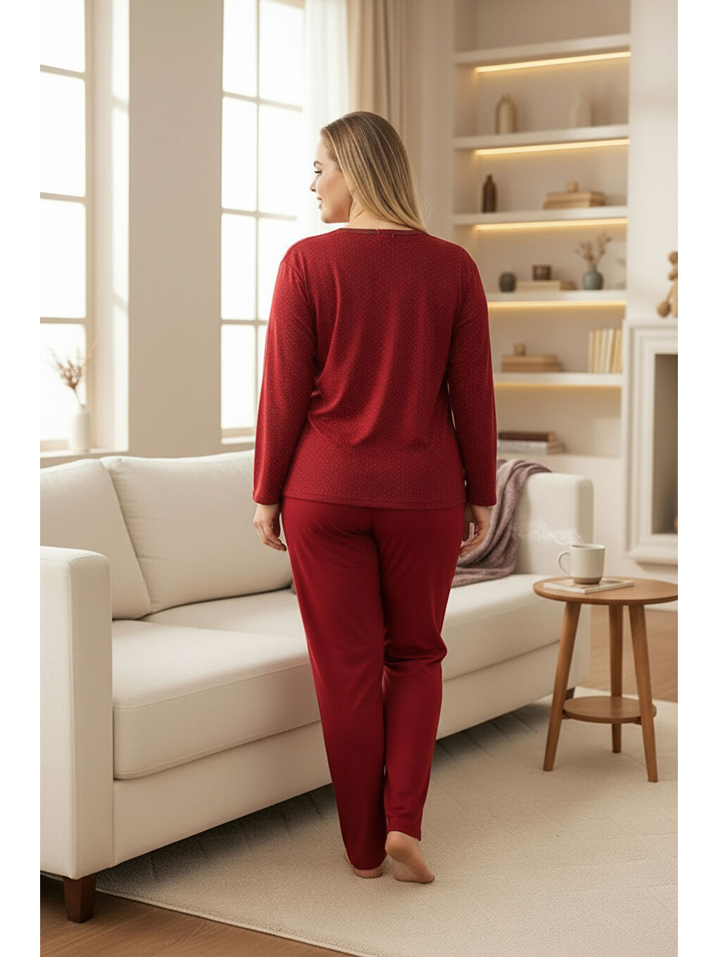 Bordo İnce Bambu Kumaş Uzun Kollu Büyük Beden Kadın Pijama Takımı 800-4