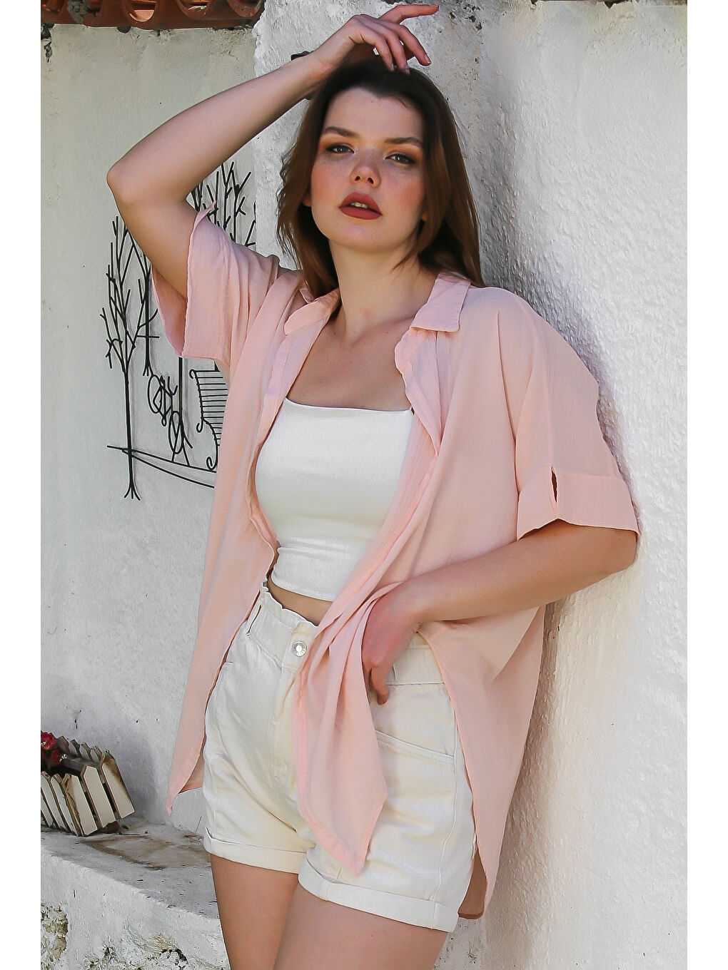 Pembe Pudra Gömlek Yaka Kısa Kol Kapamasız Yıkamalı Önden Düğüm Bağlamalı Casual Dokuma Bluz 62 67