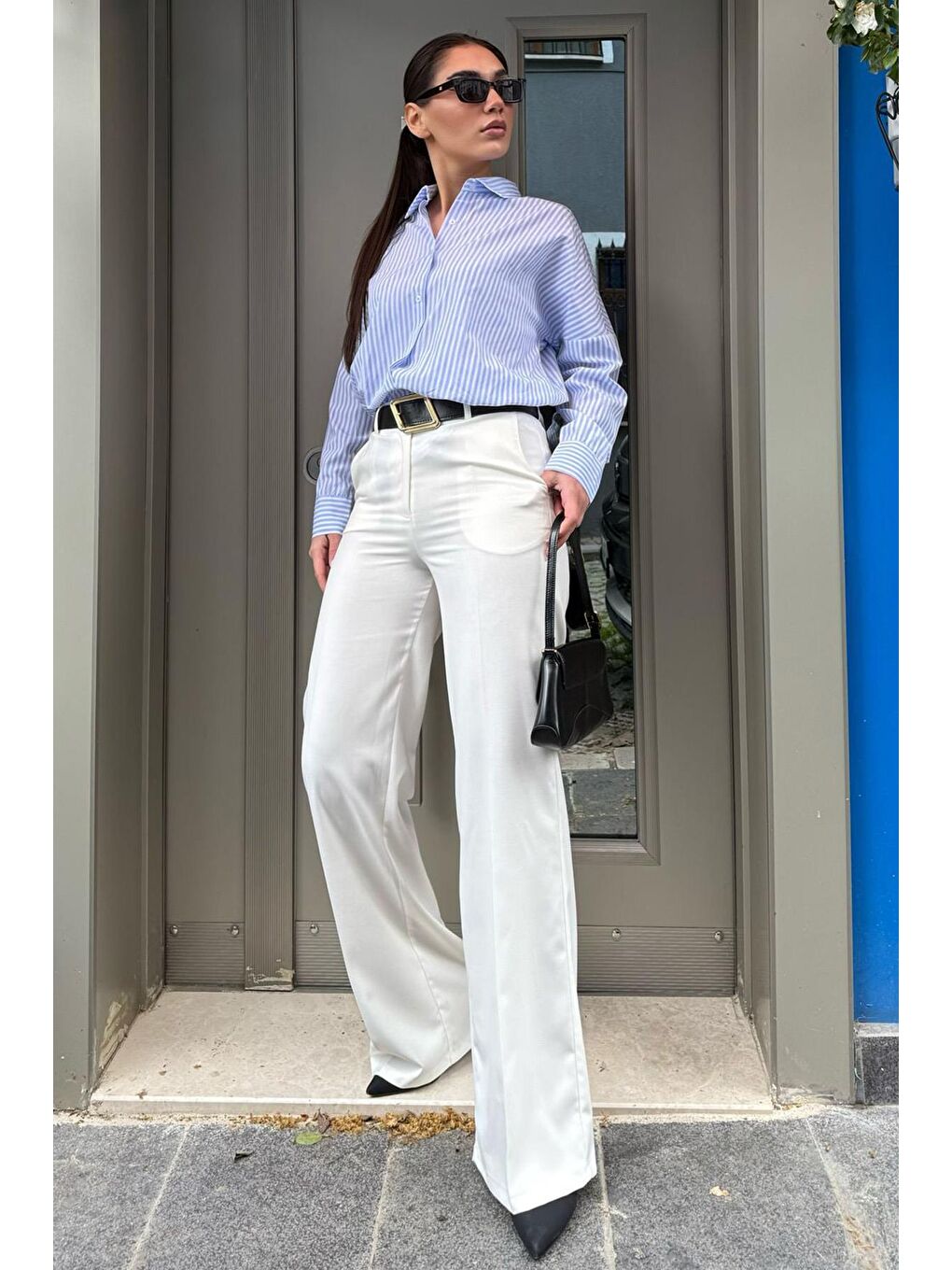 Beyaz Yüksek Bel Kumaş Pantolon Mg2285-3