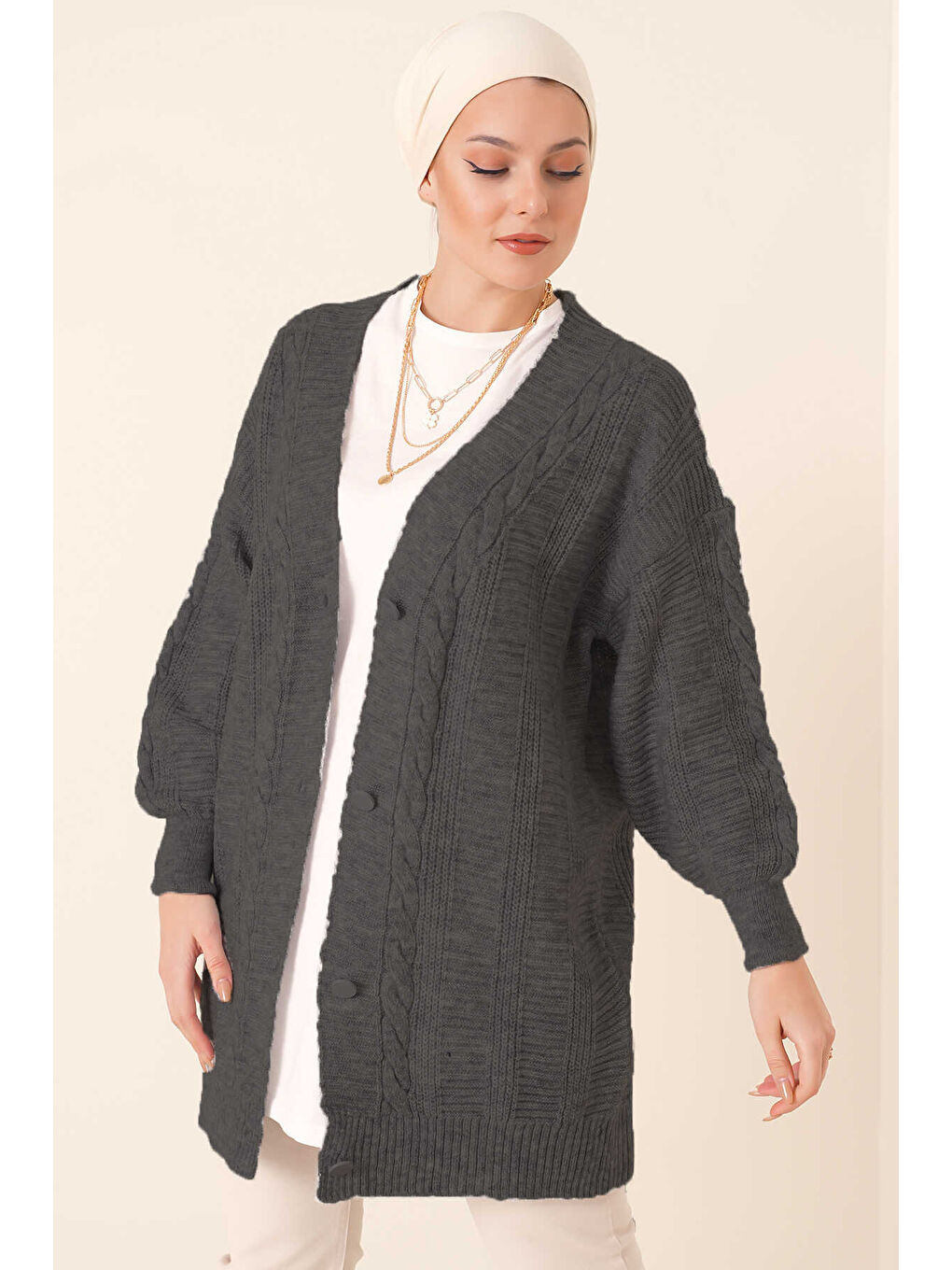 Antrasit Kadın Tesettür Triko Hırka 15768