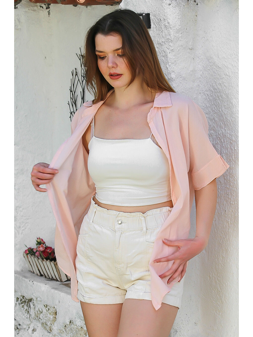 Pembe Pudra Gömlek Yaka Kısa Kol Kapamasız Yıkamalı Önden Düğüm Bağlamalı Casual Dokuma Bluz 62 67-1