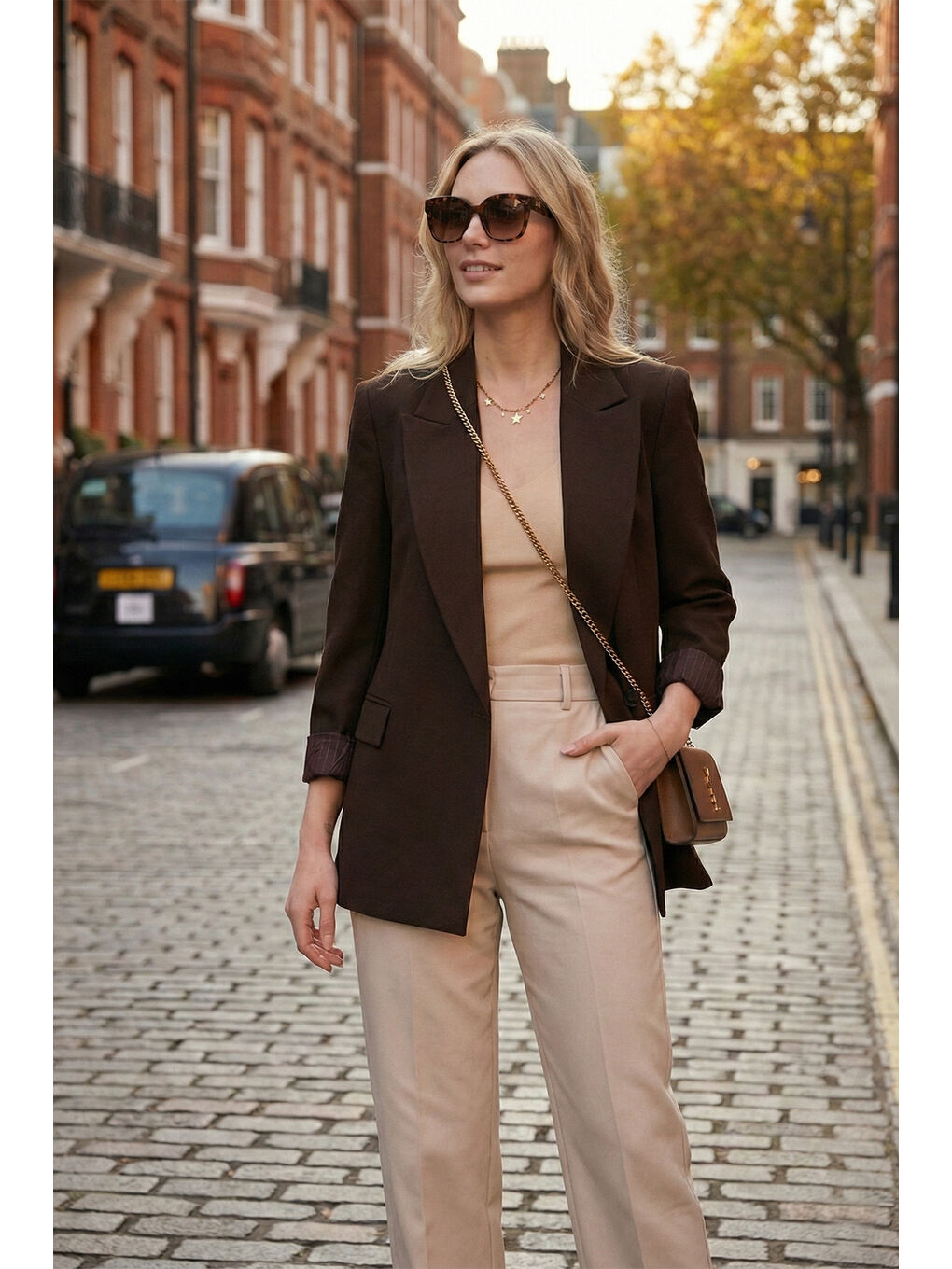 Kahverengi Regular Fit Kruvaze Yaka Desenli Astar Detaylı Kadın Ceket 6927560