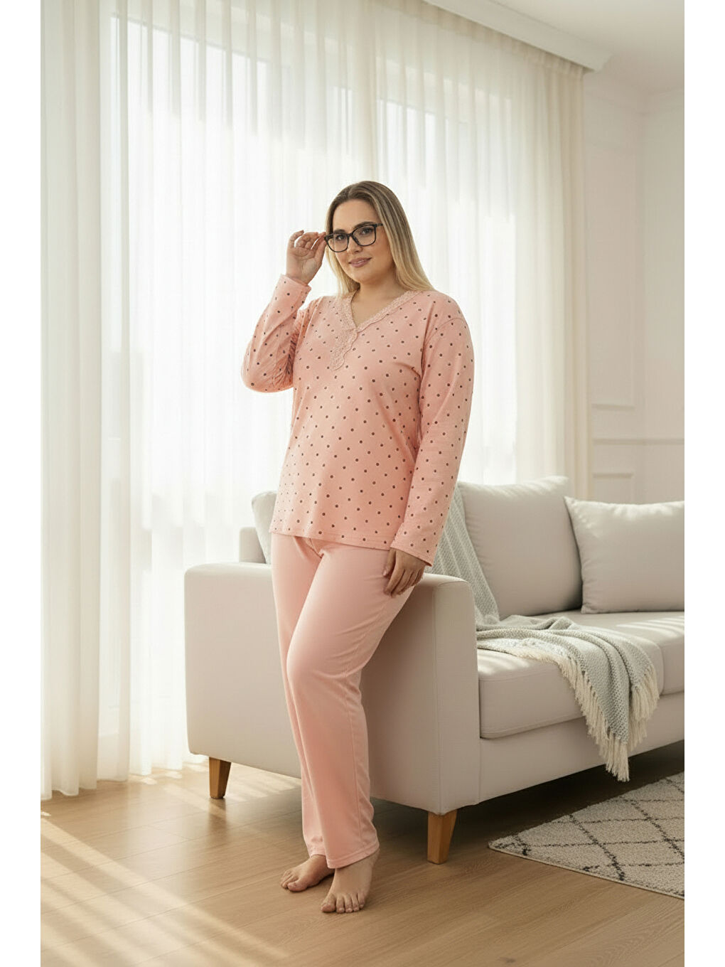 Pembe İnce Bambu Kumaş Uzun Kollu Büyük Beden Kadın Pijama Takımı 800-1