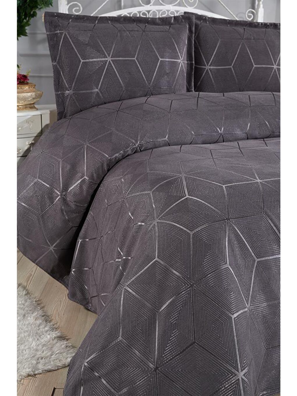 Verona 3 Parça Çift Kişilik Yatak Örtüsü Antrasit-5