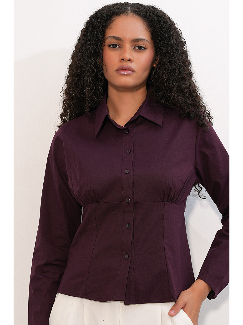 20231 Slim Fit Poplin Gömlek - Mürdüm-2