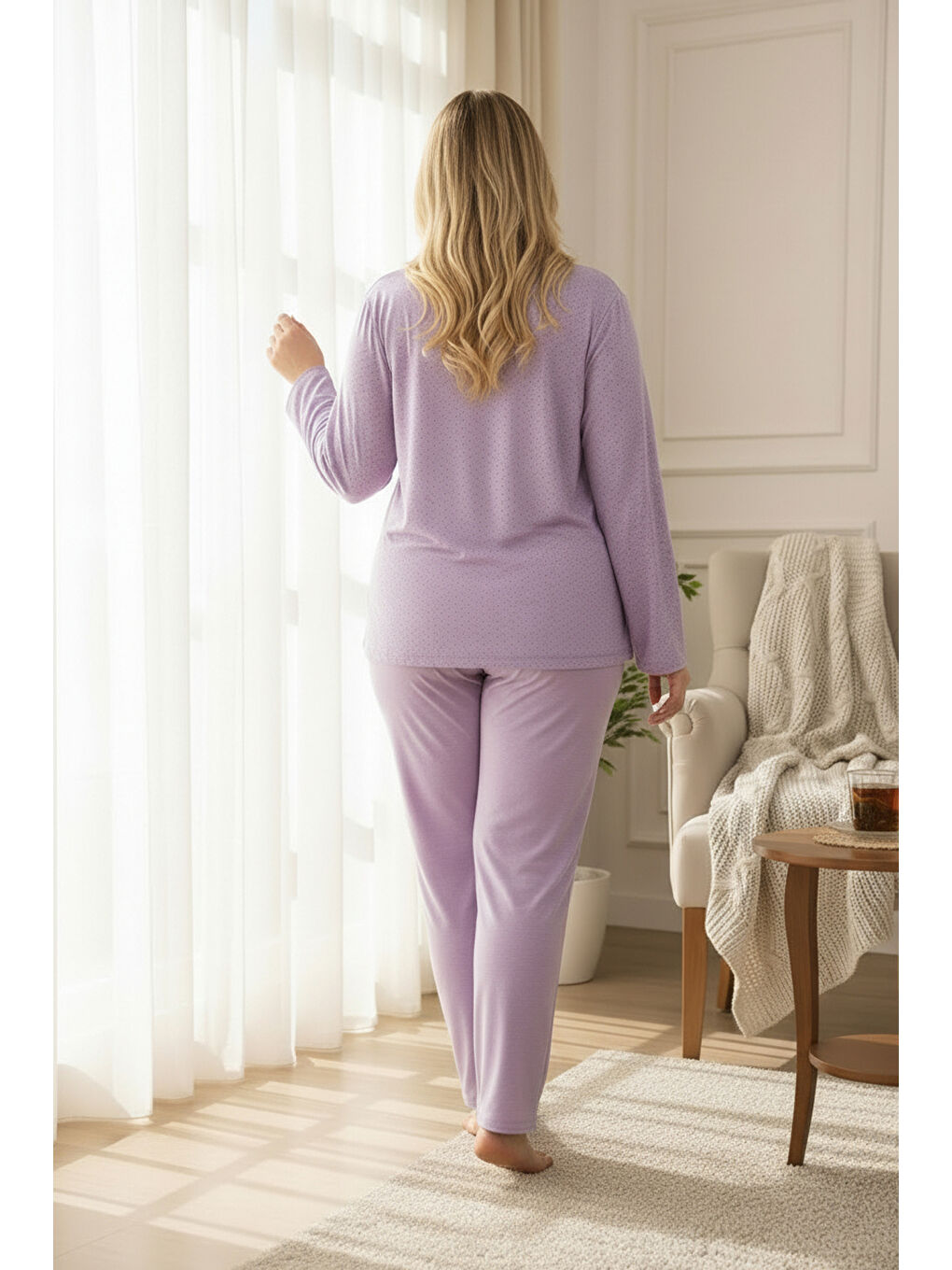 Lila İnce Bambu Kumaş Uzun Kollu Büyük Beden Kadın Pijama Takımı 800-4