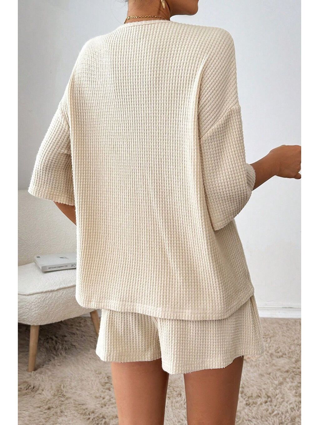 Kadın Bej Kısa Kollu Bağlamalı Waffle Alt-Üst Şort Takım-1