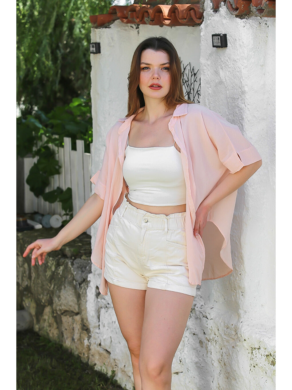 Pembe Pudra Gömlek Yaka Kısa Kol Kapamasız Yıkamalı Önden Düğüm Bağlamalı Casual Dokuma Bluz 62 67-2