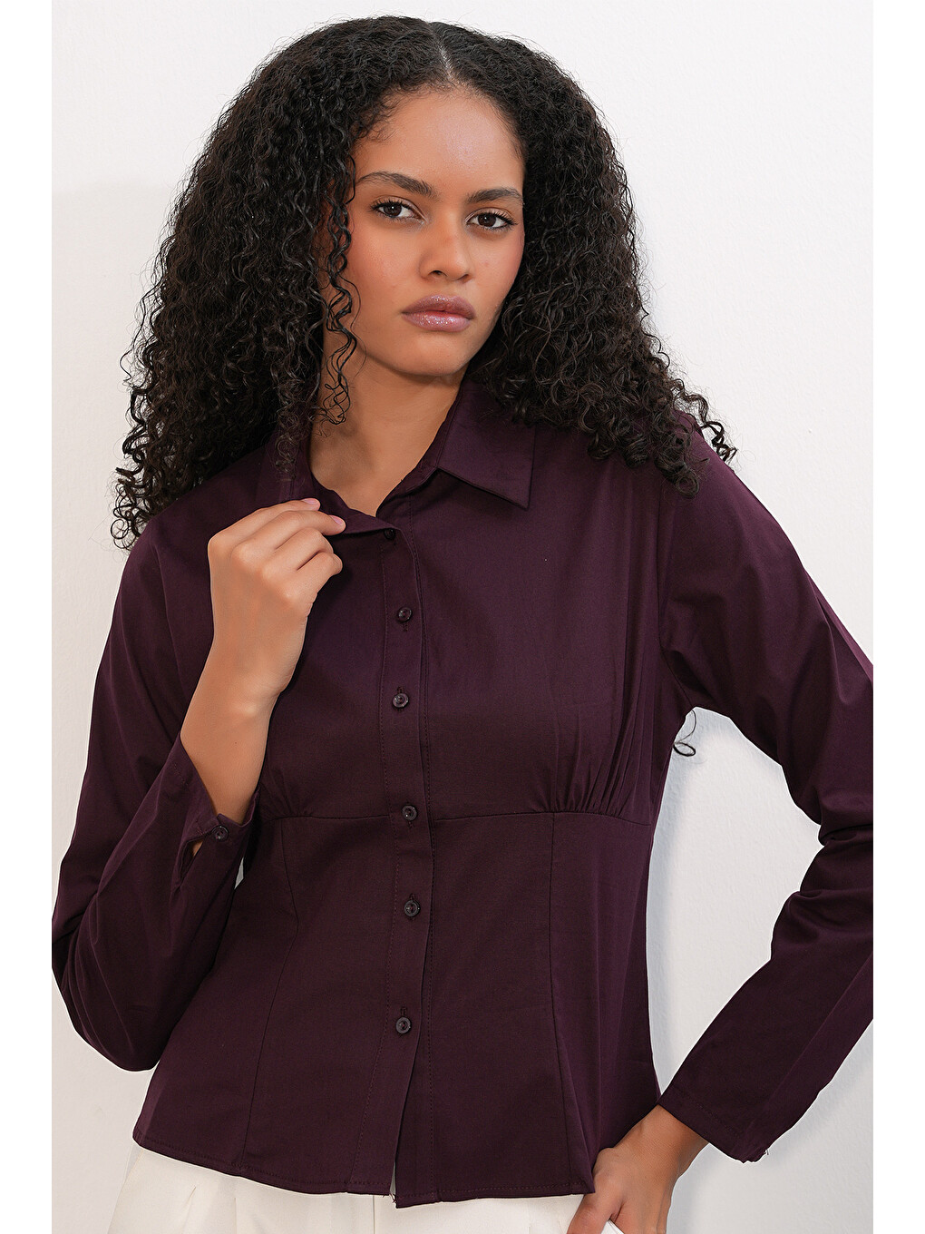 20231 Slim Fit Poplin Gömlek - Mürdüm-3