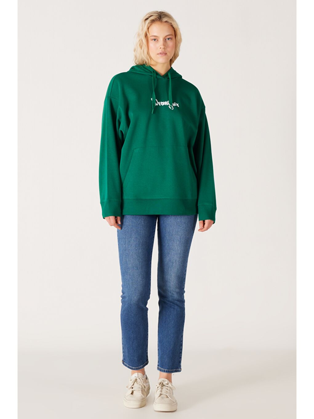 Haki Oversize Bol Kesim Kapüşonlu Sırt Baskılı Yeşil Sweatshirt-7