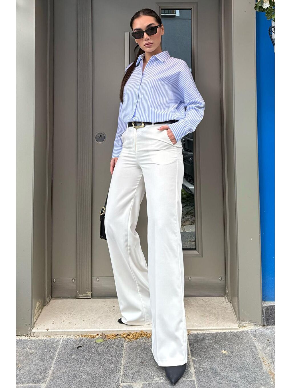 Beyaz Yüksek Bel Kumaş Pantolon Mg2285-4