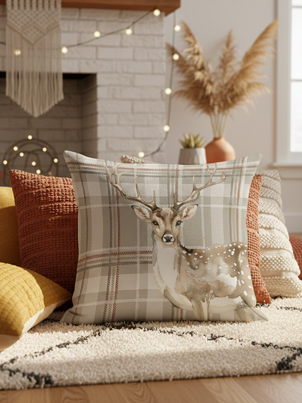 Bej Ekoseli Geyik Desenli Dekoratif Kırlent Kılıfı - 43x43 cm-2