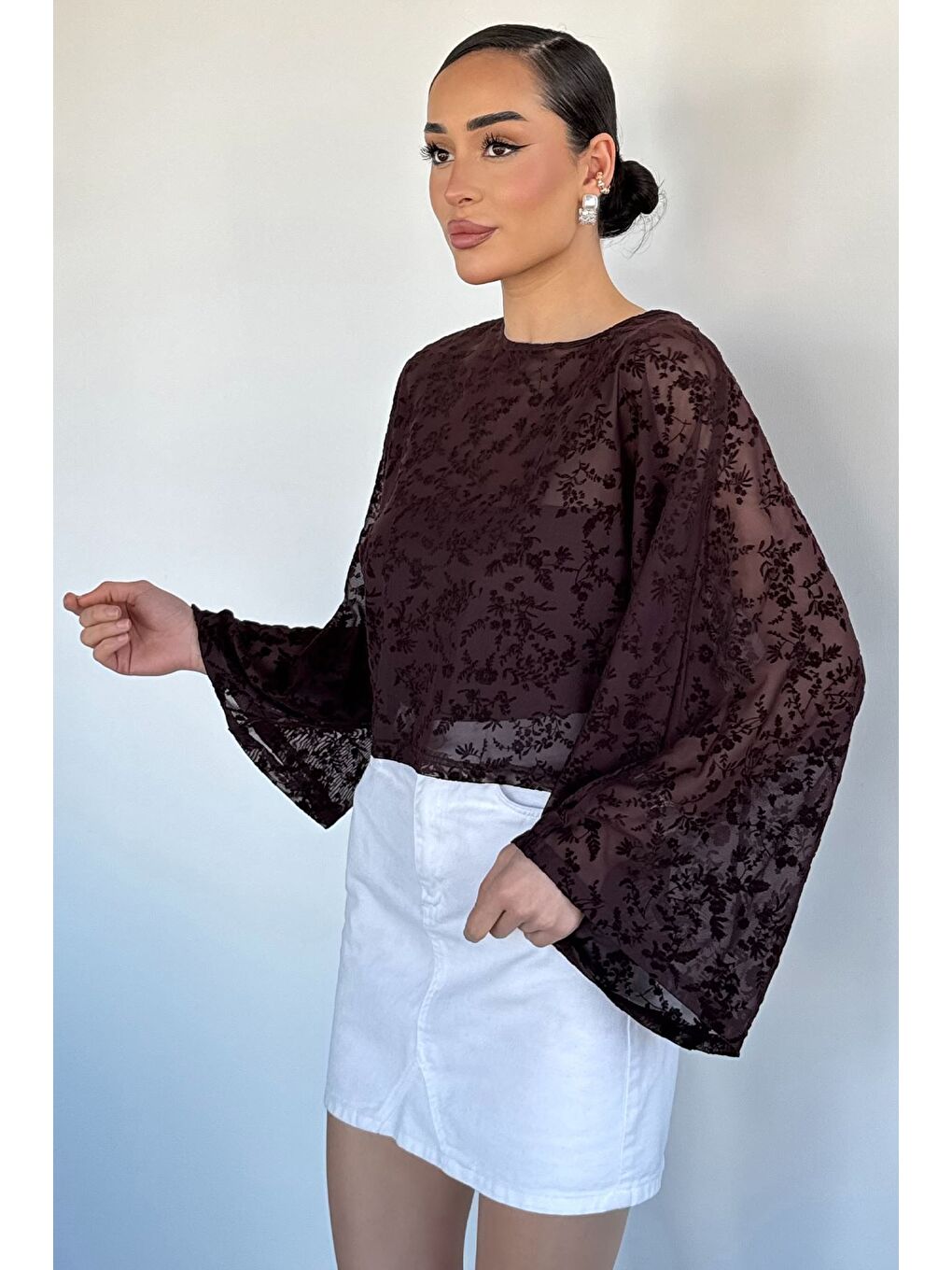 Kahverengi Kadın Giyilebilir İç Astarlı Güpürlü Bluz-1