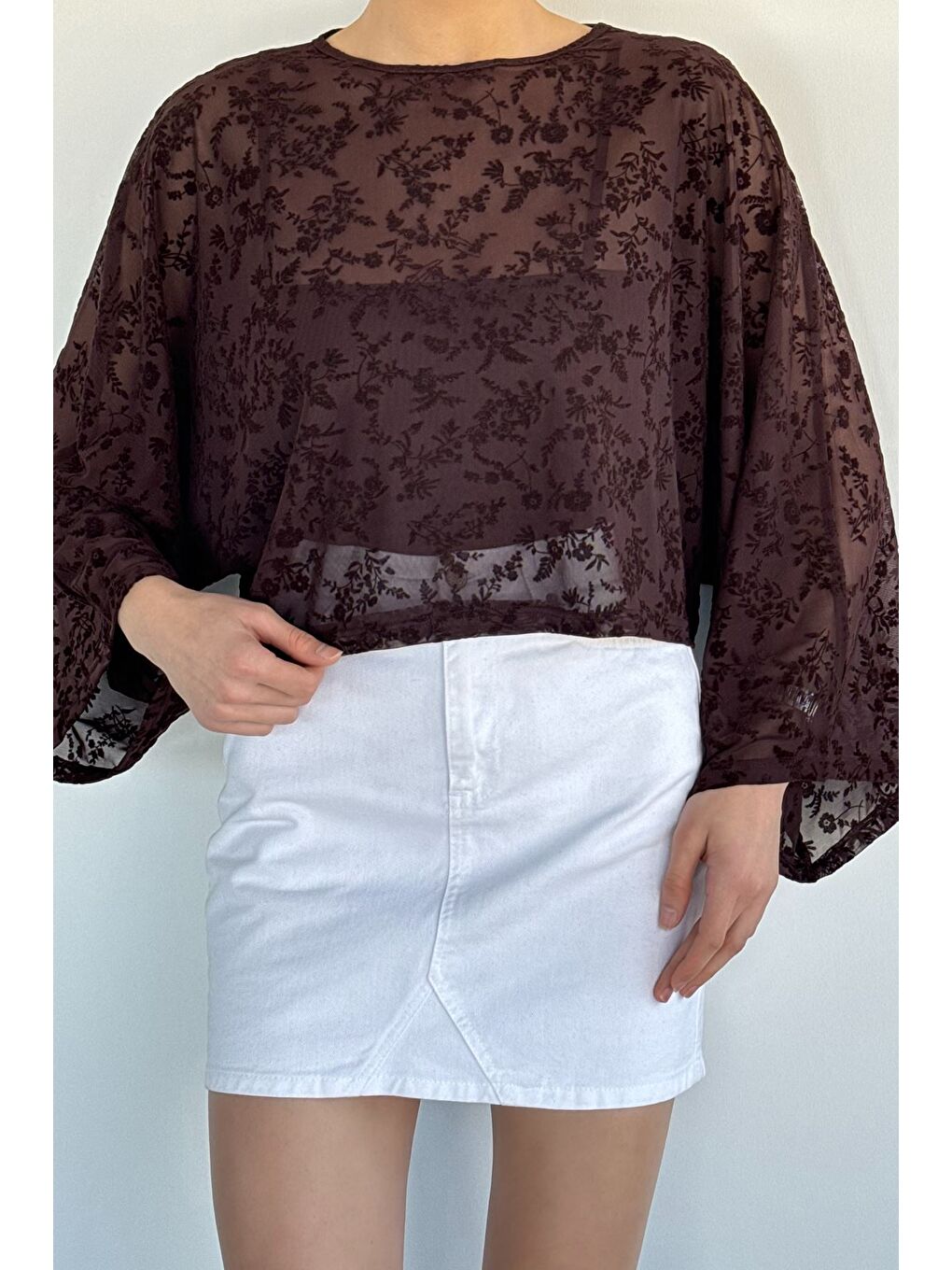 Kahverengi Kadın Giyilebilir İç Astarlı Güpürlü Bluz-2