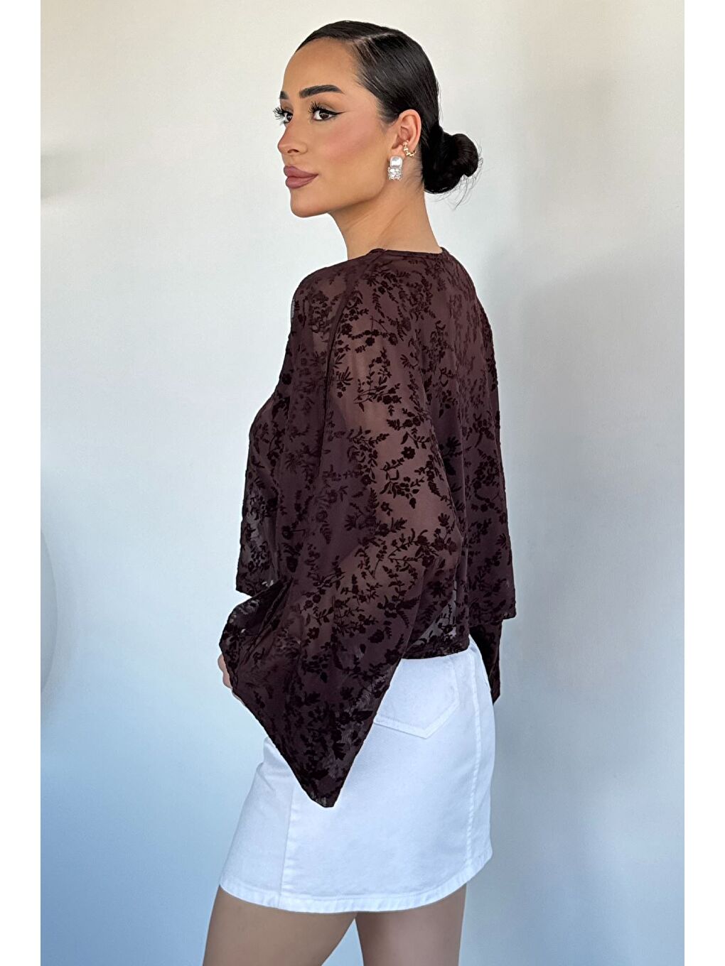 Kahverengi Kadın Giyilebilir İç Astarlı Güpürlü Bluz-3