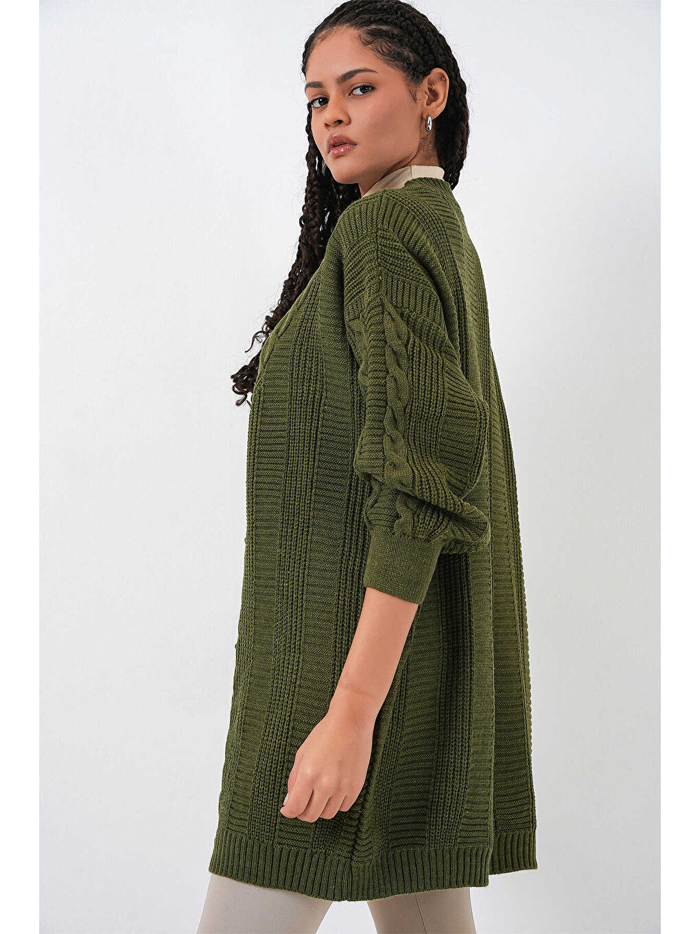 Haki Kadın Tesettür Triko Hırka 15768-3