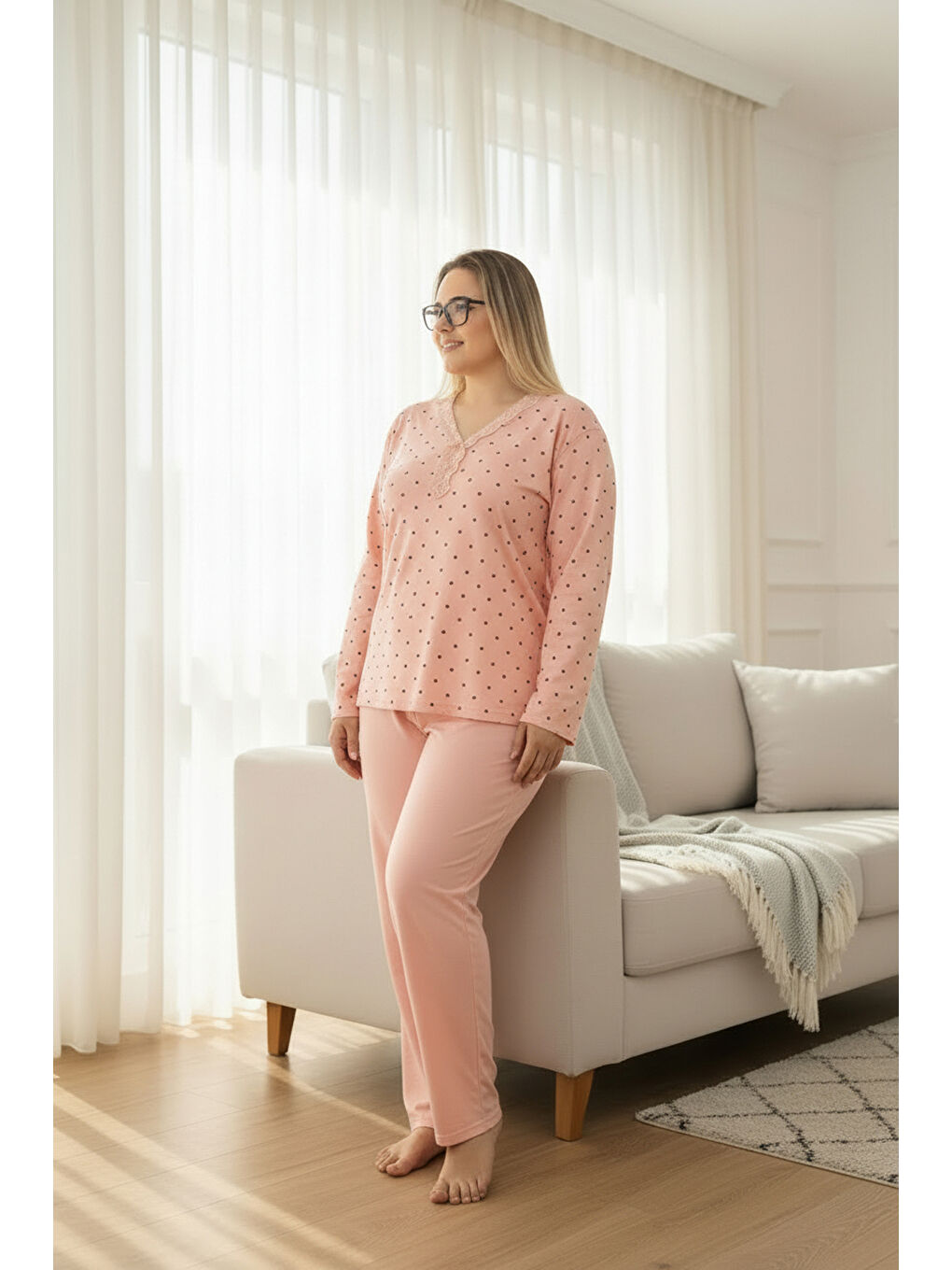 Pembe İnce Bambu Kumaş Uzun Kollu Büyük Beden Kadın Pijama Takımı 800-3