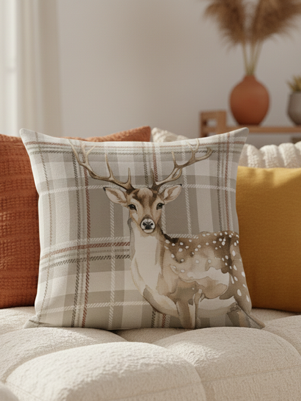 Bej Ekoseli Geyik Desenli Dekoratif Kırlent Kılıfı - 43x43 cm-3