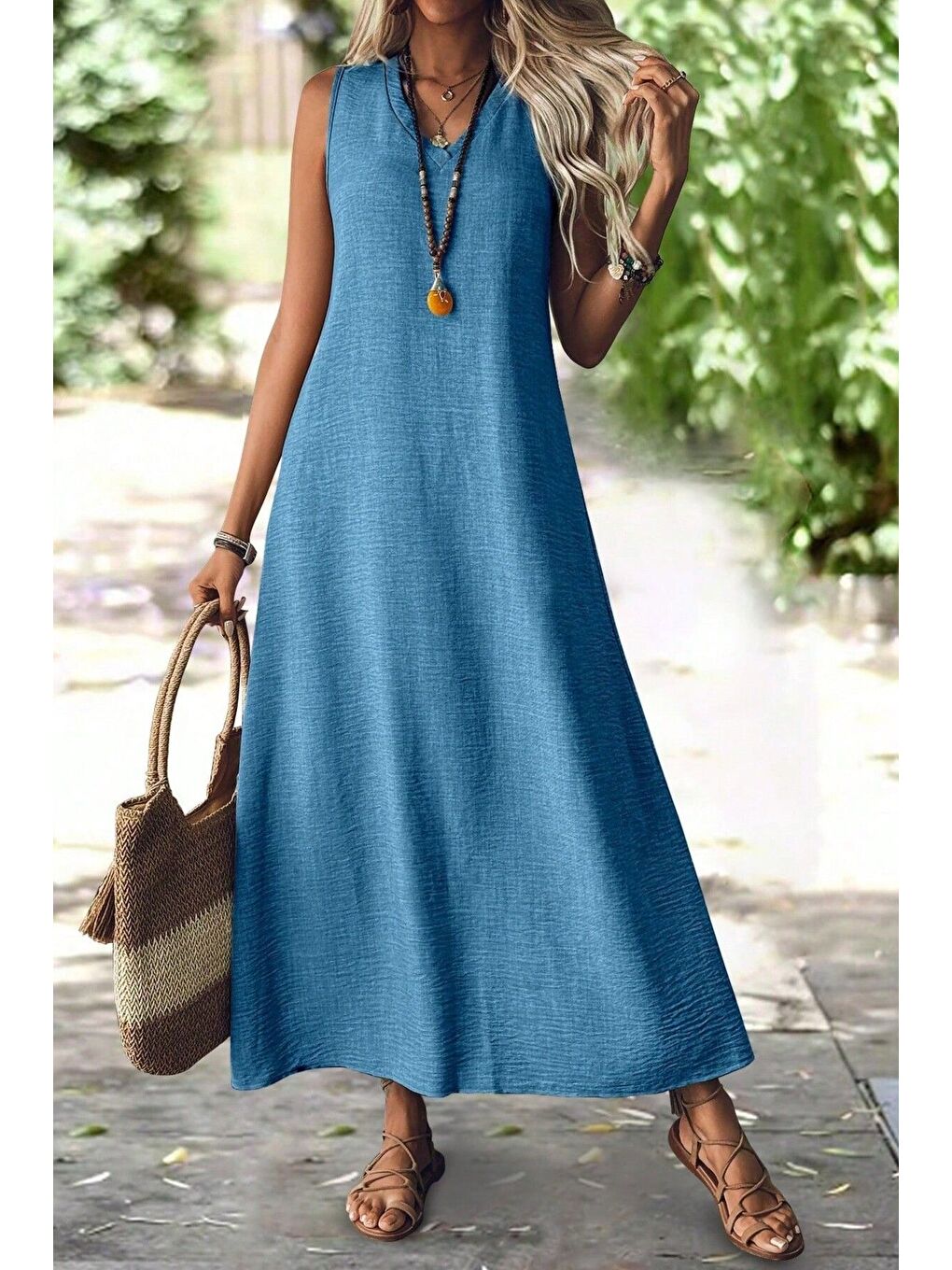 Kadın Koyu Mavi V Yaka Kolsuz Maxi Boy Keten Elbise