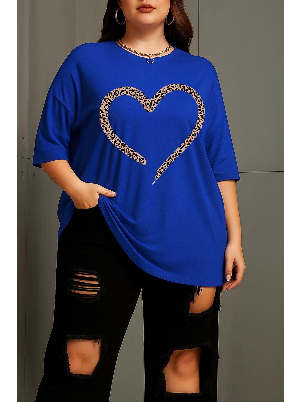 Mavi Love Kadın Büyük Beden Battal Baskılı Bisiklet Yaka Pamuklu T-Shirt Rahat Kesim Unisex Sevgili Kombi