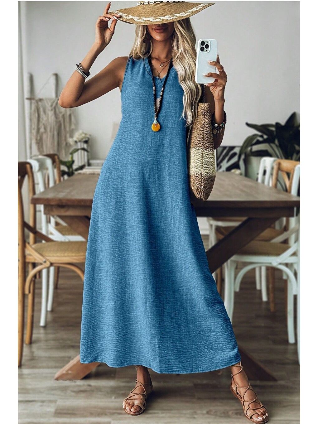 Kadın Koyu Mavi V Yaka Kolsuz Maxi Boy Keten Elbise-2