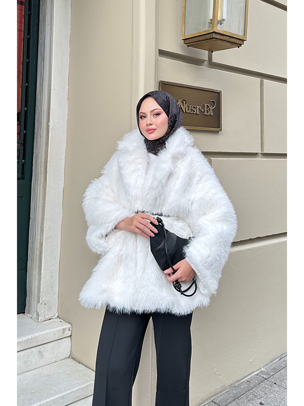 Kadın Sim Detay Kemerli Kaban Ekru-2